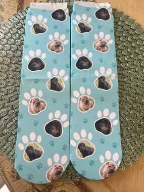 New, never worn Dog Photo Paw Print Socks - Teal